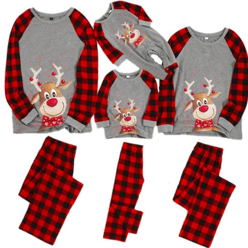 Christmas Family Matching Sleepwear Pajamas Sets Deers Plaid Printing Round Neck Top and Red Pants 6