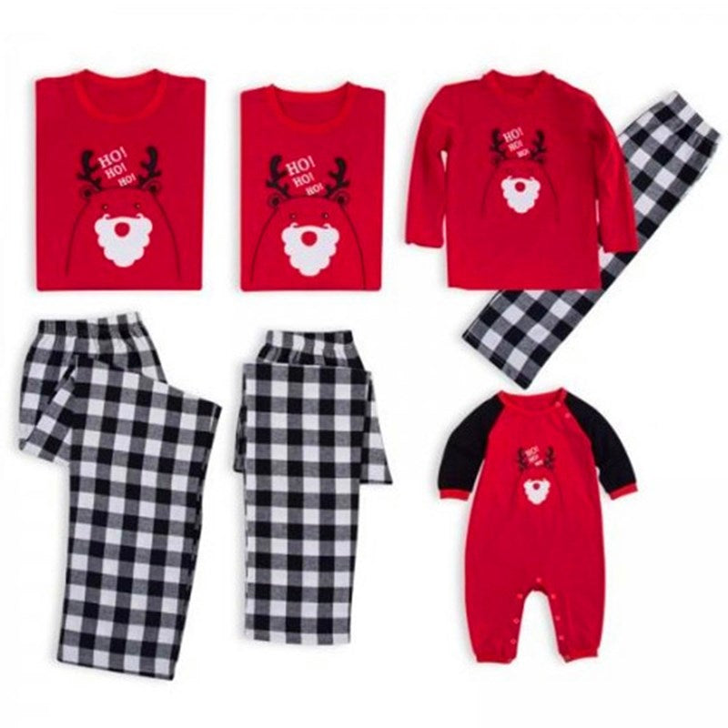 Christmas Family Matching Sleepwear Pajamas Sets Red Cartoon Hohoho Deer Top and Black White Plaid Pants 4