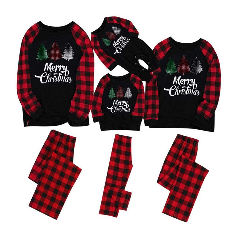 Christmas Family Matching Sleepwear Pajamas Sets Black Trees Top and Red Plaid Pants 2
