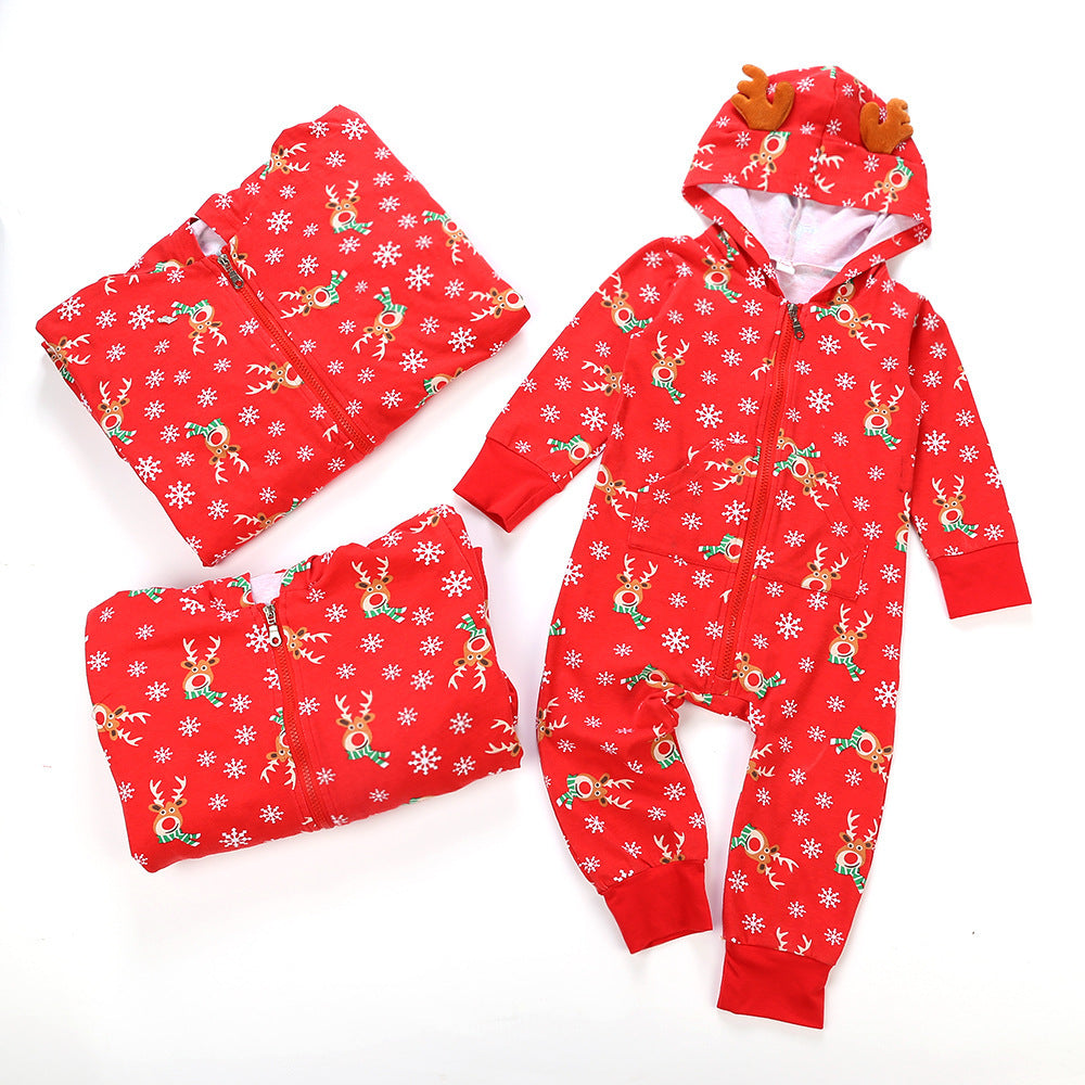 Christmas Family Matching Pajamas Sleepwear Sets Christmas Red Deers Snowflakes Hooded Jumpsuits 6