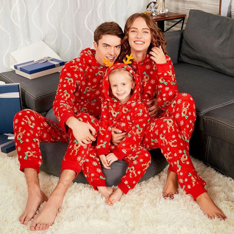 Christmas Family Matching Pajamas Sleepwear Sets Christmas Red Deers Snowflakes Hooded Jumpsuits 2
