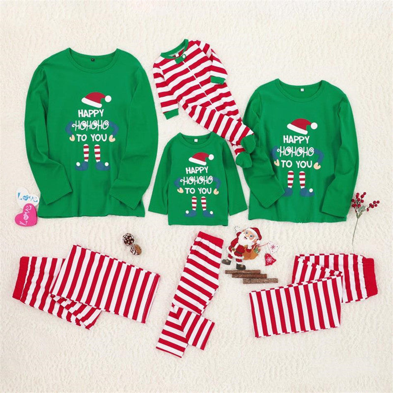 Christmas Family Matching Sleepwear Pajamas Sets Green Top and Red Stripes Pants 2