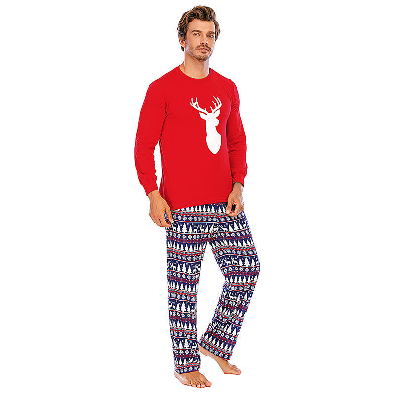 Christmas Family Matching Sleepwear Pajamas Sets Red Deer Top and Navy Prints Pants 10