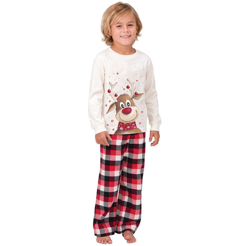 Christmas Family Matching Sleepwear Pajamas Sets White Christmas Deer Top and Red Plaids Pants
