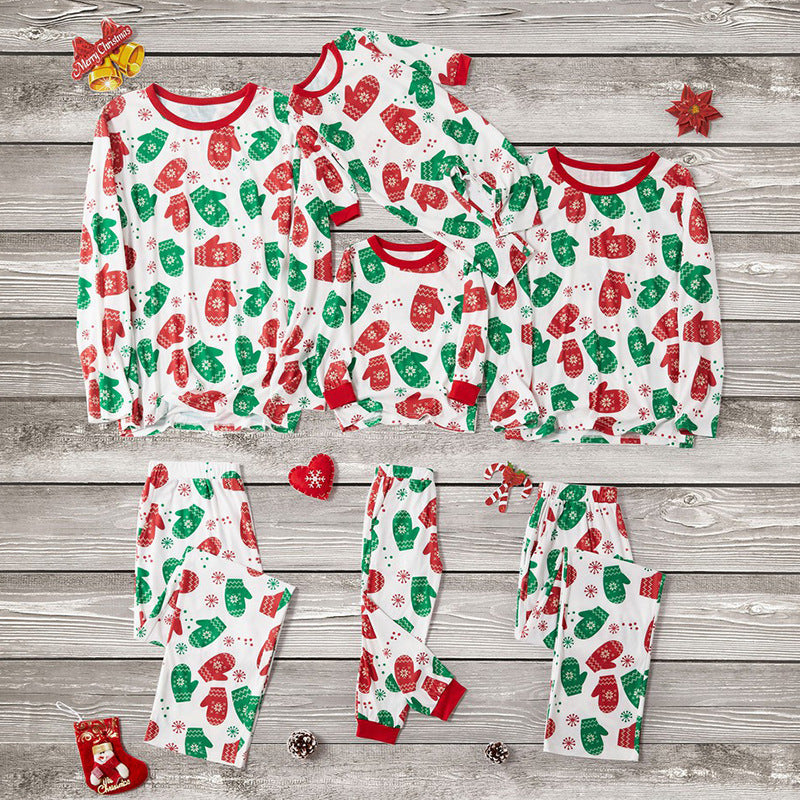 Christmas Family Matching Sleepwear Pajamas Sets White Gloves Snow Top and Pants 2