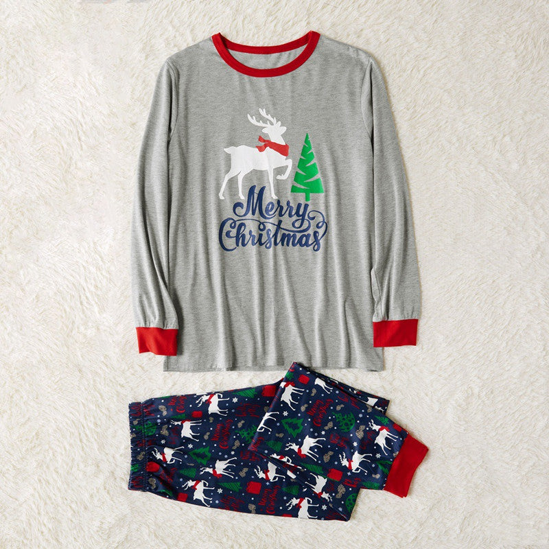 Christmas Family Matching Sleepwear Pajamas Sets Grey Deer Top and Navy Tree Pants 6
