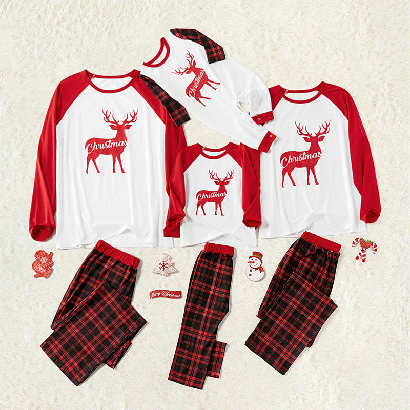 Christmas Family Matching Pajamas Sleepwear Sets Christmas Deer Top and Plaids Pants 48