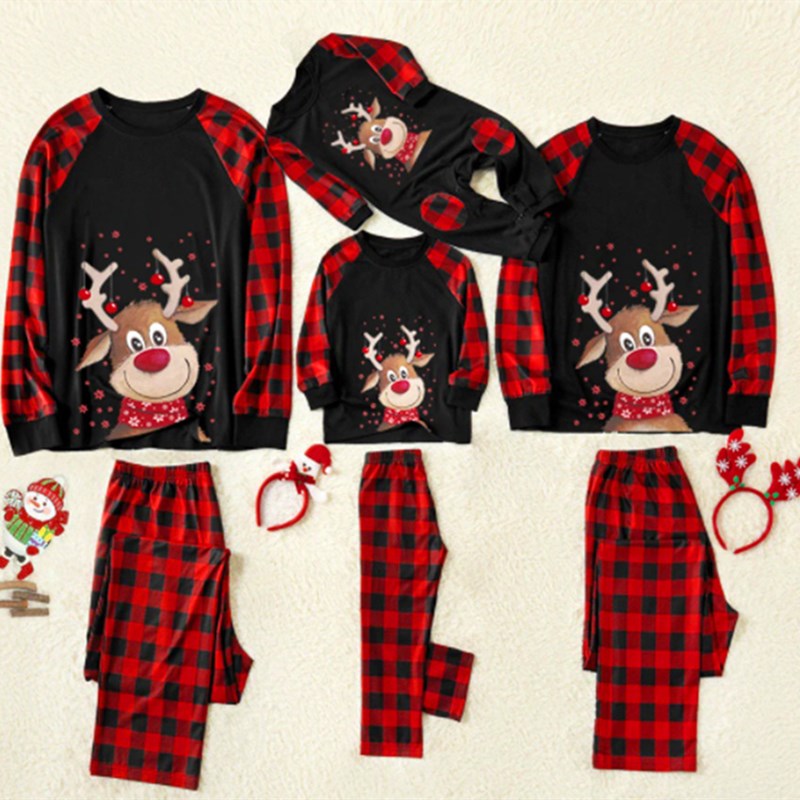 Christmas Family Matching Sleepwear Pajamas Sets Deers Plaid Printing Round Neck Top and Red Pants 8