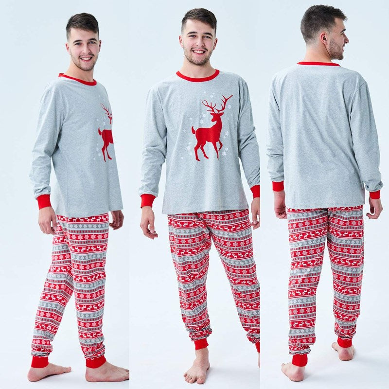 Christmas Family Matching Sleepwear Pajamas Sets Red Deers Grey Top and Red Stripe Snow Pants 6