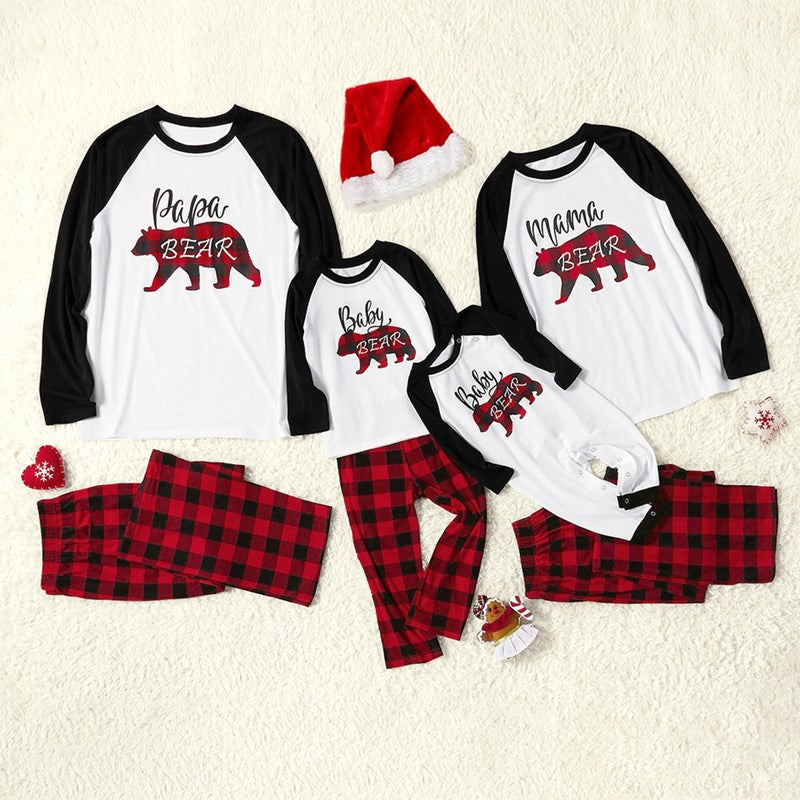 Christmas Family Matching Sleepwear Pajamas Sets White Printing Top and Red Plaid Pants 4