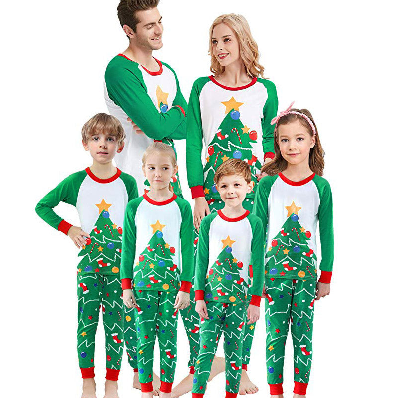 Christmas Family Matching Pajamas Sleepwear Sets Green Christmas Trees Top and Christmas Stocking Pants 2