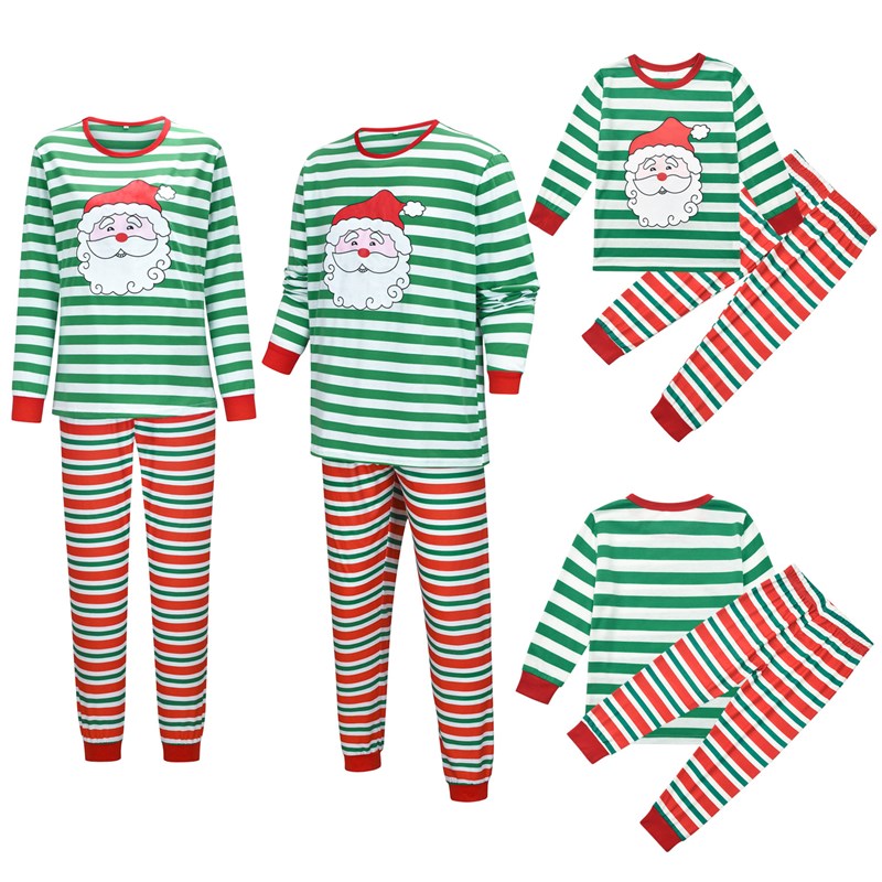 Christmas Family Matching Sleepwear Pajamas Sets Green Santa Claus Top and Red Stripes Pants 2