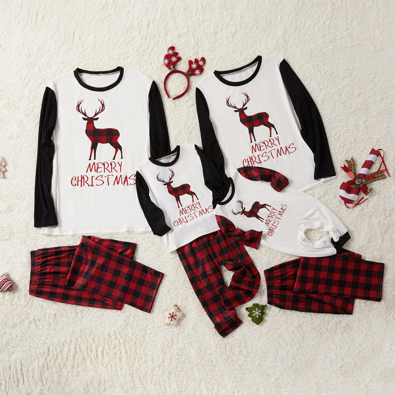 Christmas Family Matching Pajamas Sleepwear Sets Christmas Deer Top and Plaids Pants 38
