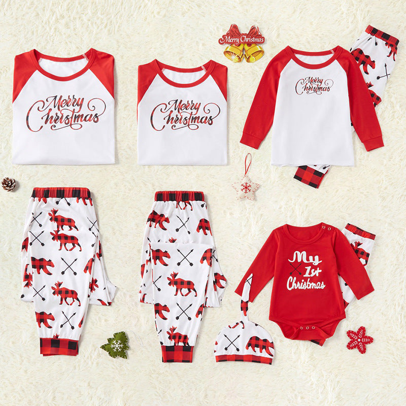 Christmas Family Matching Sleepwear Pajamas Sets White Merry Christmas Top and Prints Bear Deer Pants 6