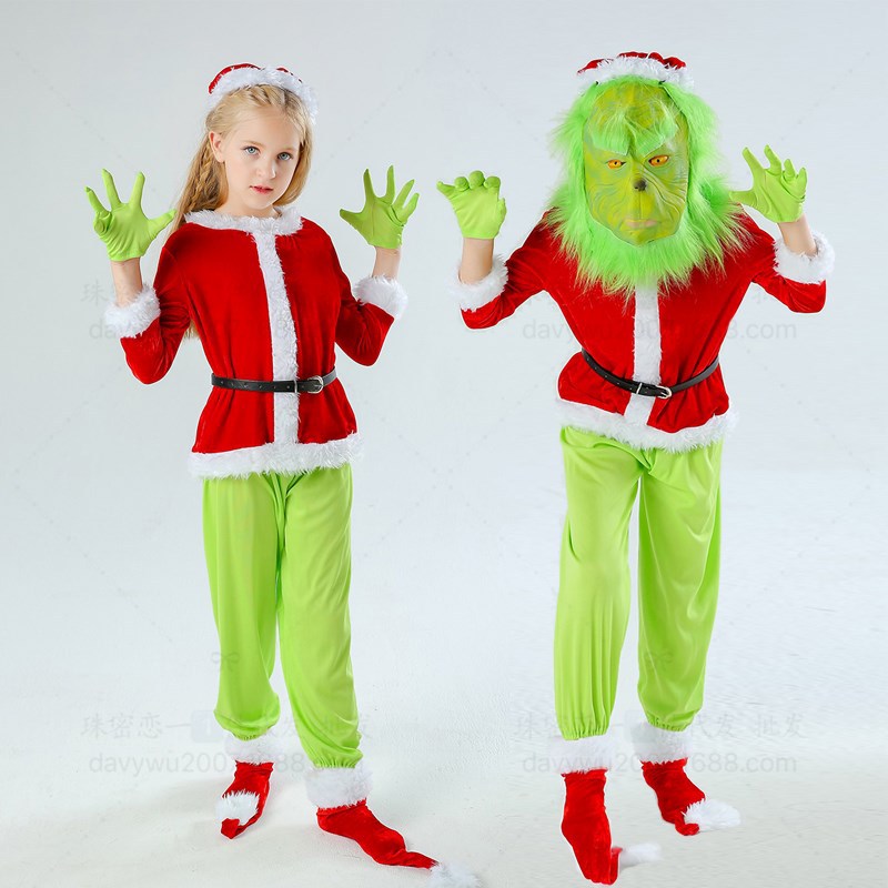 Christmas Grinch Costume for Kids Green Monster Outfit Full Sets