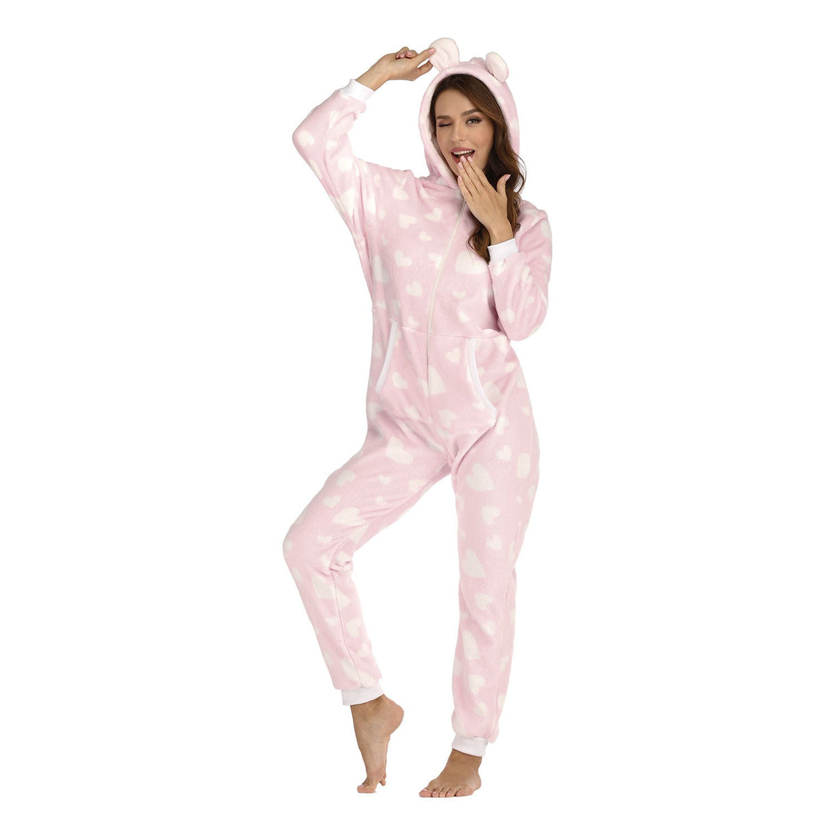 Zip Up Women Onesie with Hood Onesie One-Piece Pajamas Coral Fleece