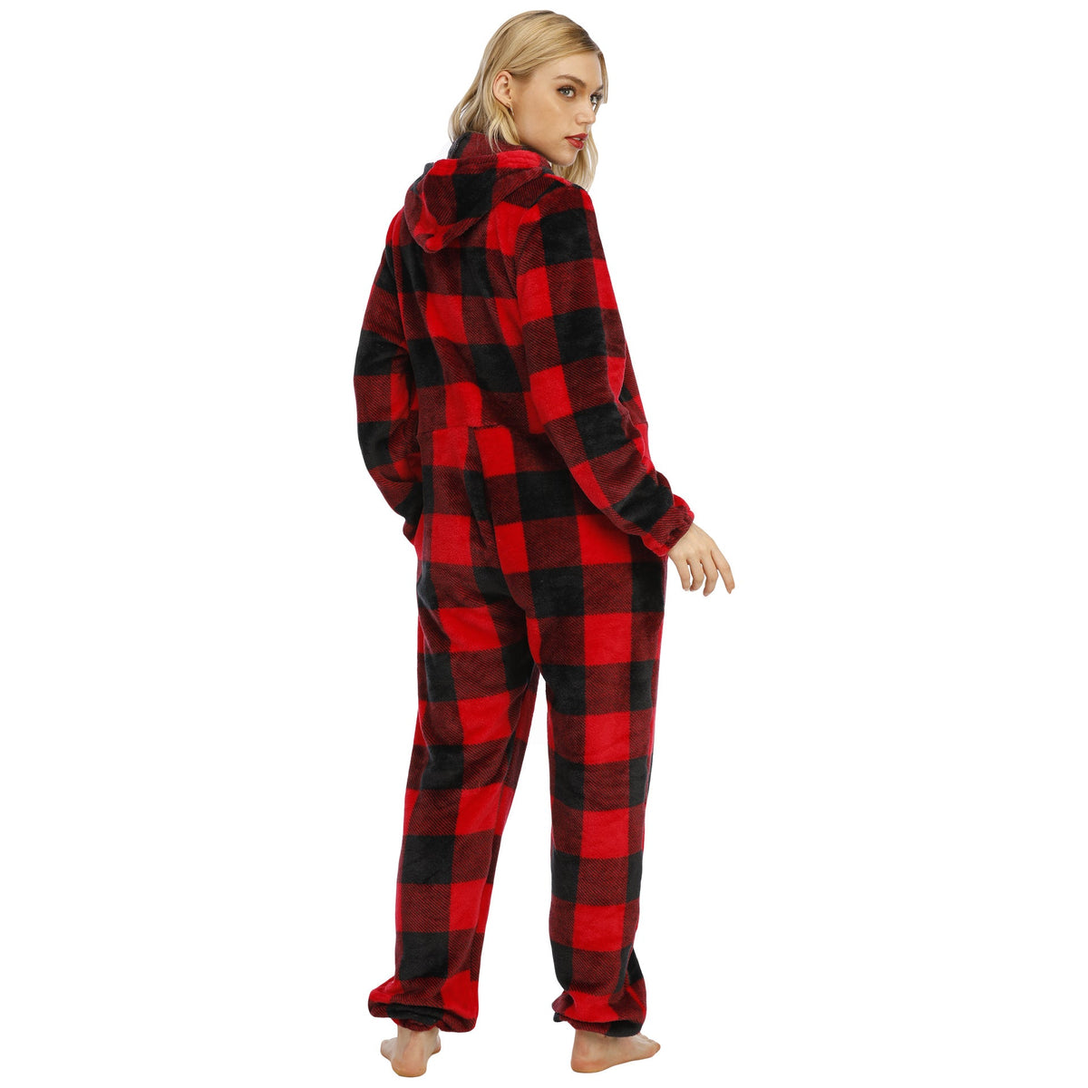 Women's Christmas Hooded Onesie One-Piece Pajamas with Poms Red Plaid