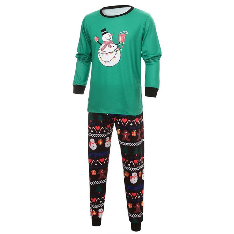 Christmas Family Matching Sleepwear Pajamas Sets Green Snowman Gingersnaps Gifts Top and Black Love Pants 2