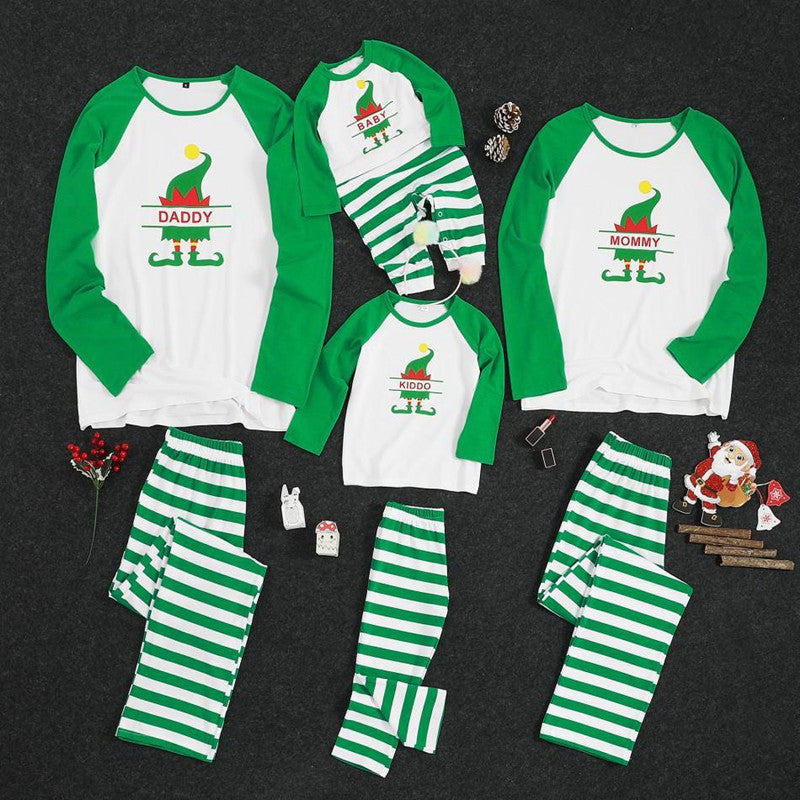 Christmas Family Matching Sleepwear Pajamas Sets White Christmas ELF Tree Top and Green Stripes Pants 2