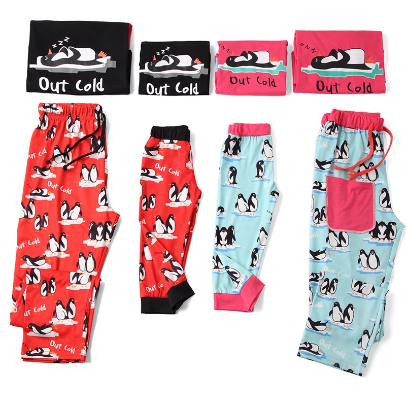 Christmas Family Matching Sleepwear Pajamas Sets Pink Penguins Top and Blue Stripe Pants 2