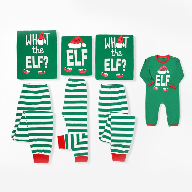Christmas Family Matching Sleepwear Pajamas Sets ELF Slogan Christmas Hat Top and Stripes Pants 4