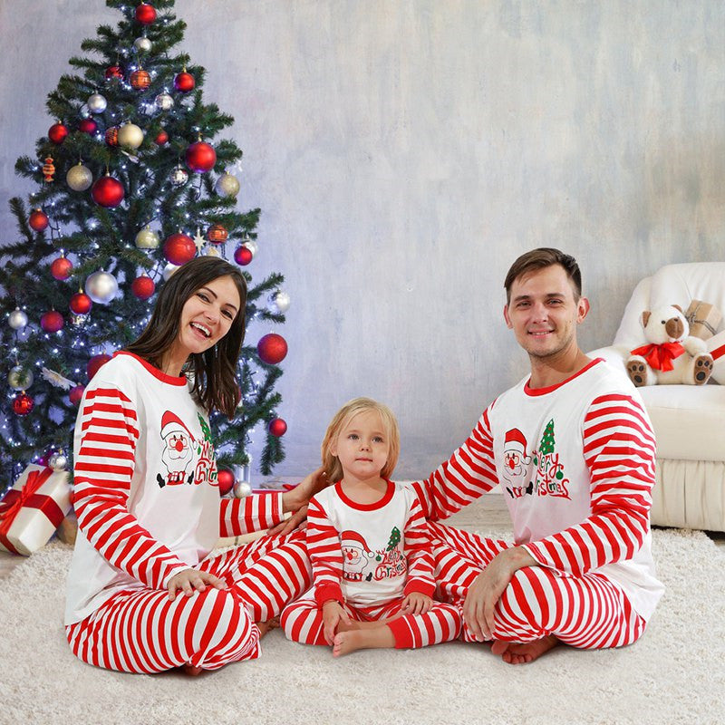 Christmas Family Matching Sleepwear Pajamas Sets White Santa Claus Tree Top and Red Stripes Pants 10