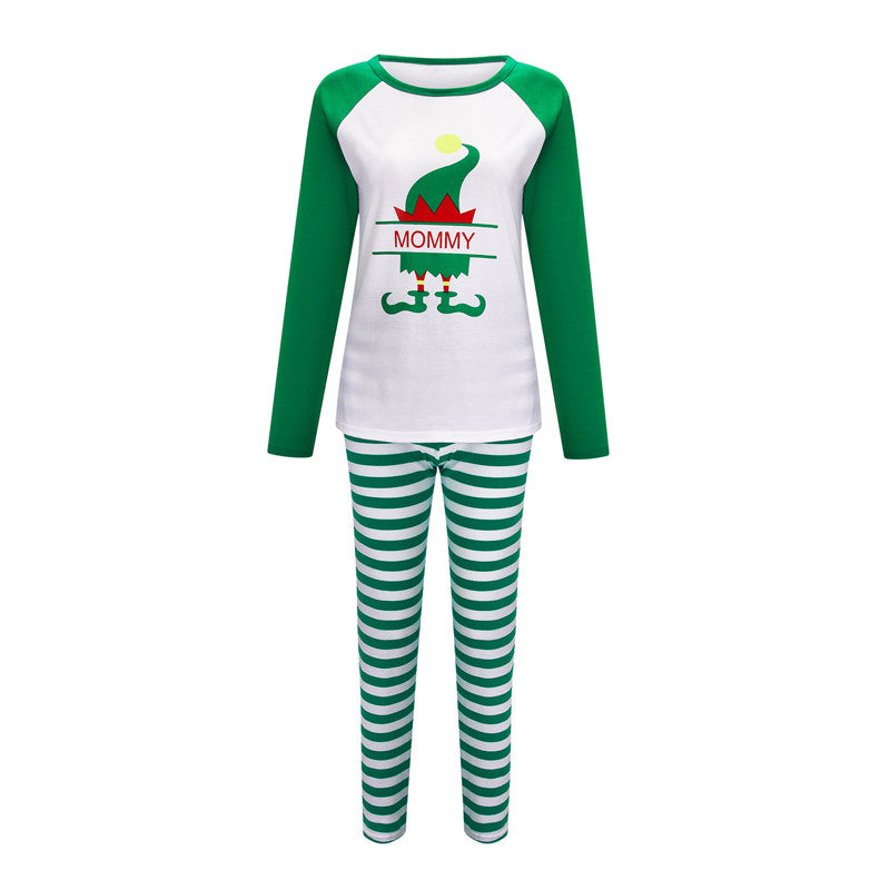 Christmas Family Matching Sleepwear Pajamas Sets White Christmas ELF Tree Top and Green Stripes Pants 10