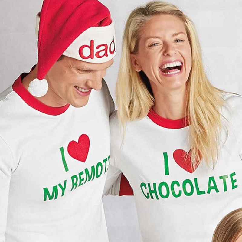 Christmas Family Matching Sleepwear Pajamas Sets Christmas Slogan Heart Love Top and Stripe Pants 4