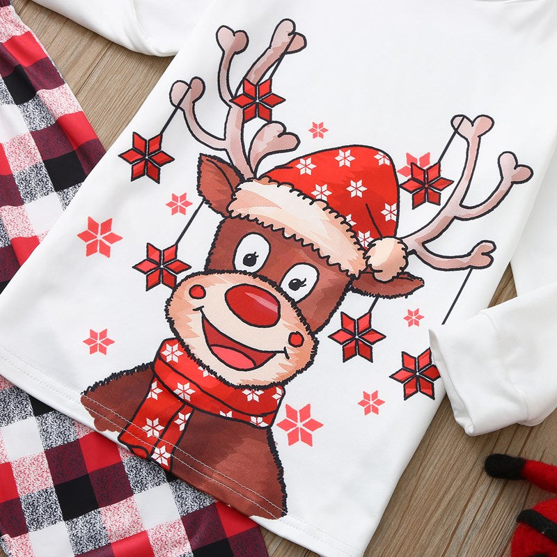 Christmas Family Matching Sleepwear Pajamas Sets Deers Plaid Snow Top and Red Pants 46