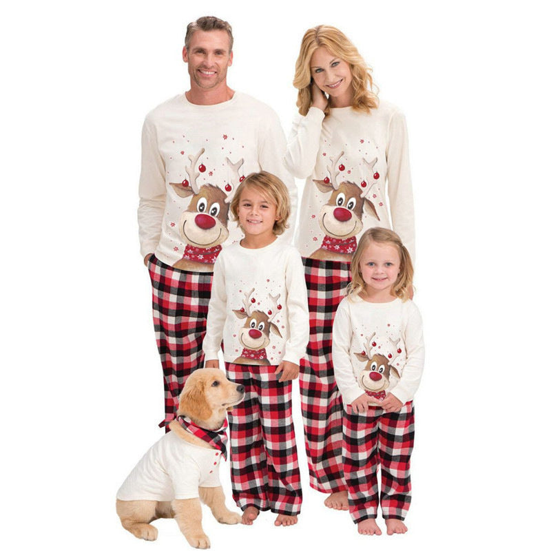 Christmas Family Matching Sleepwear Pajamas Sets White Christmas Deer Top and Red Plaids Pants