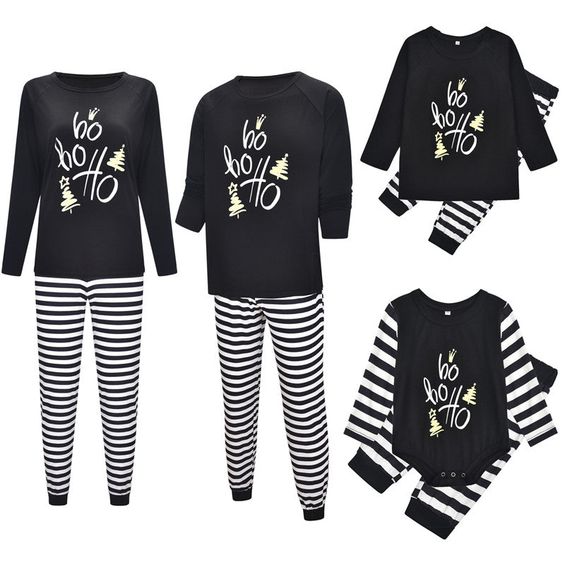 Christmas Family Matching Pajamas Sleepwear Sets Black Slogan Hohoho Top and Stripes Pants 2