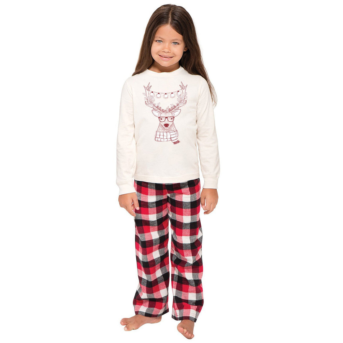 Christmas Family Matching Pajamas Sleepwear Sets Christmas White Deer Top and Red Plaids Pants 4