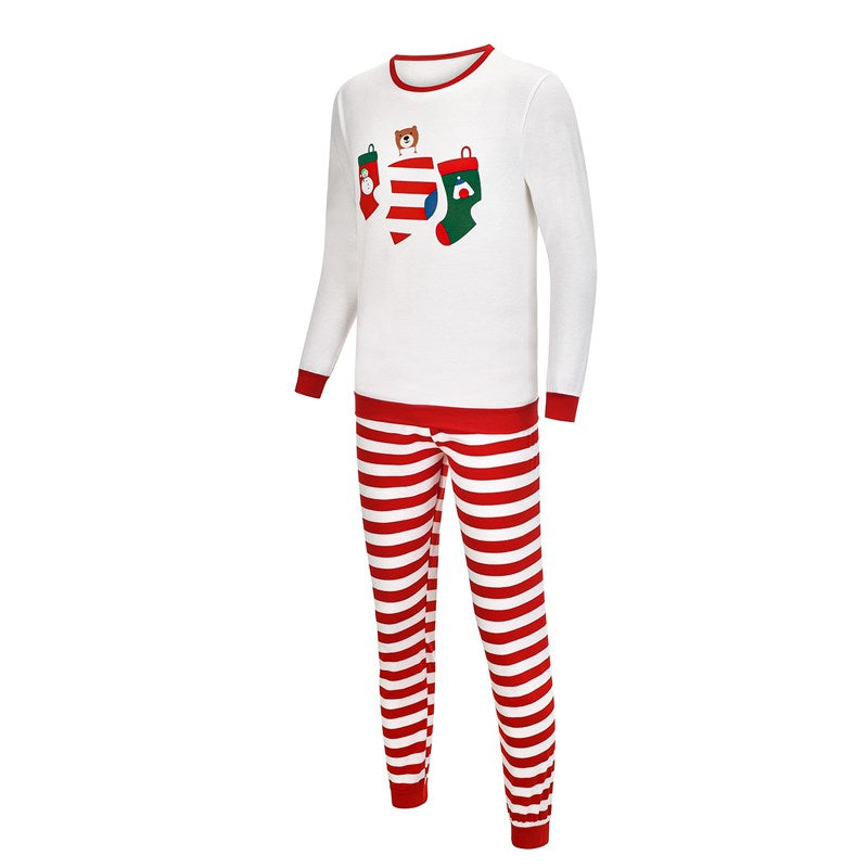 Christmas Family Matching Sleepwear Pajamas Sets White Stocking Bear Top and Red Stripes Pants 8