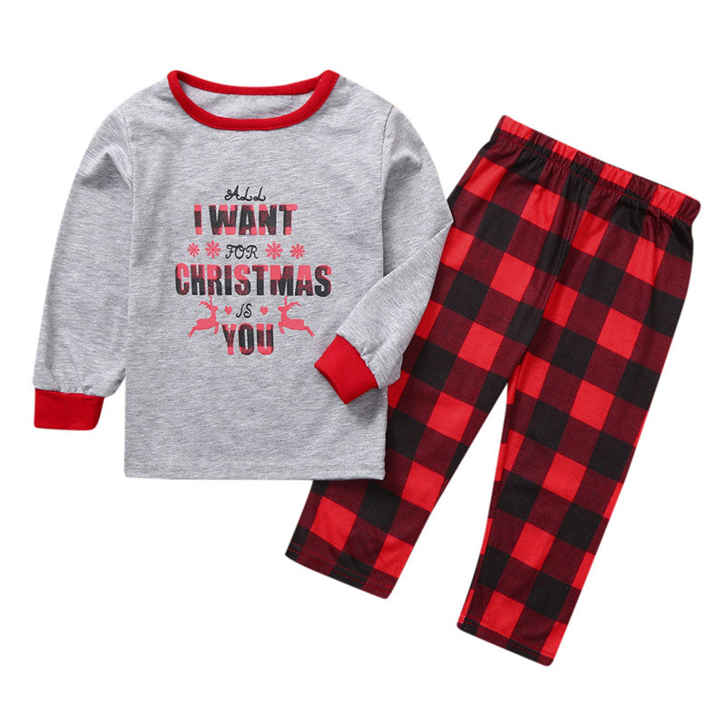 Christmas Family Matching Sleepwear Pajamas Sets Grey Slogan Top and Red Plaid Pants 6
