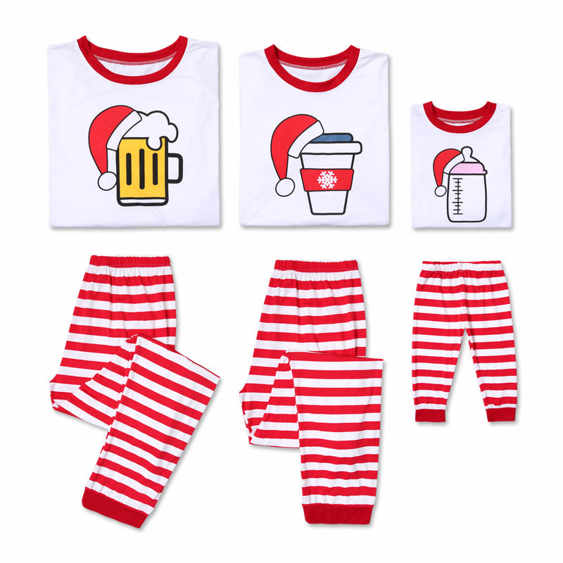 Christmas Family Matching Sleepwear Pajamas Sets White Beer Coffee Milk Top and Red Stripes Pants 2