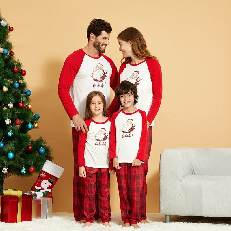 Christmas Family Matching Sleepwear Pajamas Sets Hohoho Santa Claus Top and Red Plaids Pants 2