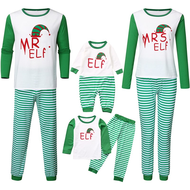 Christmas Family Matching Sleepwear Pajamas Sets ELF Christmas Hat Top and Green Stripes Pants 2