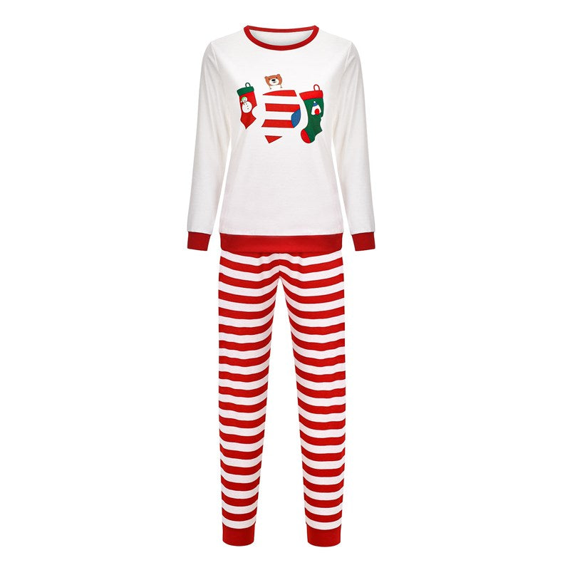 Christmas Family Matching Sleepwear Pajamas Sets White Stocking Bear Top and Red Stripes Pants 6