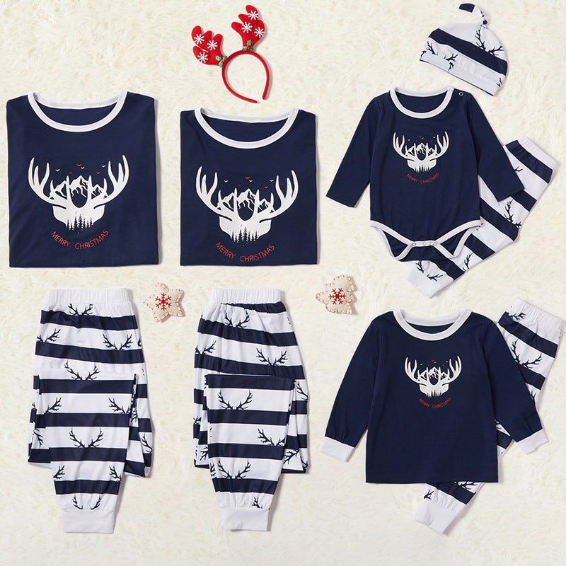 Christmas Family Matching Sleepwear Pajamas Sets Deer Horn Top and Blue Stripes Pants 2