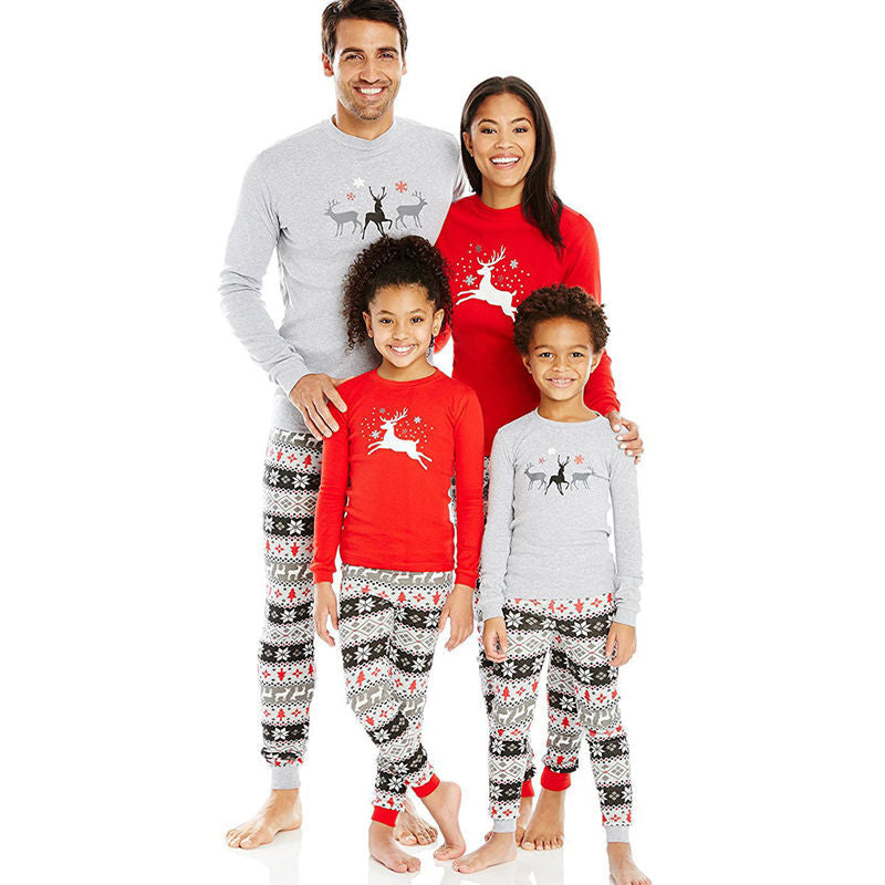 Christmas Family Matching Pajamas Christmas Deer Top and Grey Christmas Tree Snowflake Pant 2