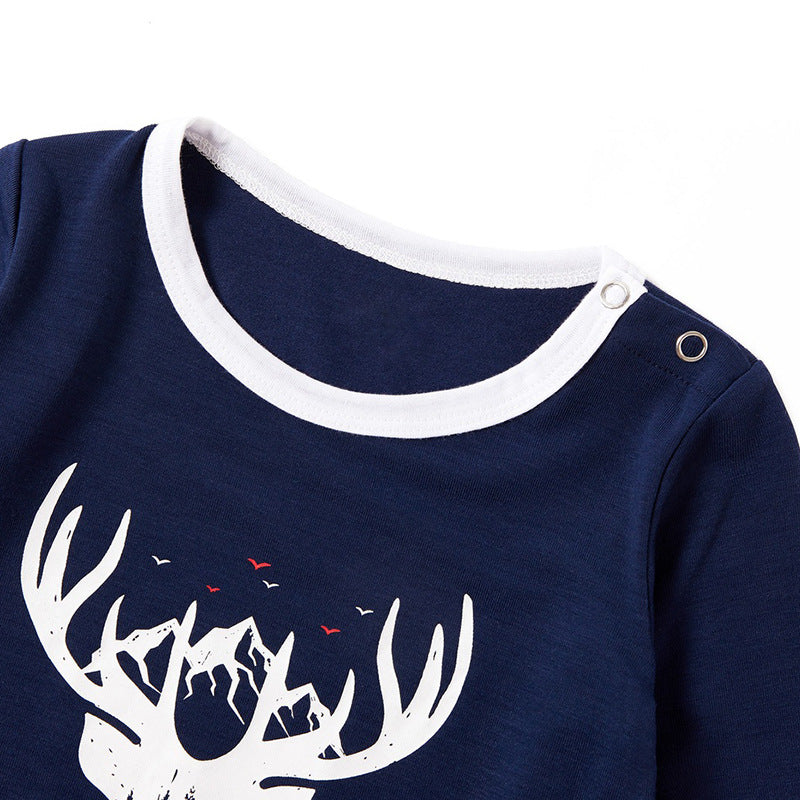 Christmas Family Matching Sleepwear Pajamas Sets Deer Horn Top and Blue Stripes Pants 6