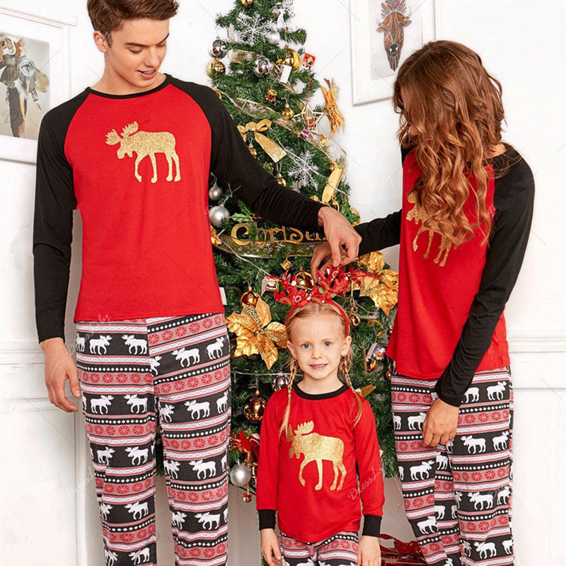Christmas Family Matching Sleepwear Pajamas Sets Gold Moose Deer Top and Geometrical Pants 4
