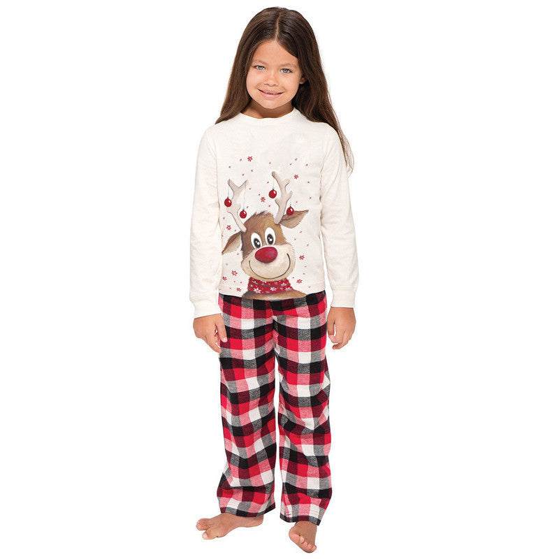 Christmas Family Matching Sleepwear Pajamas Sets White Christmas Deer Top and Red Plaids Pants