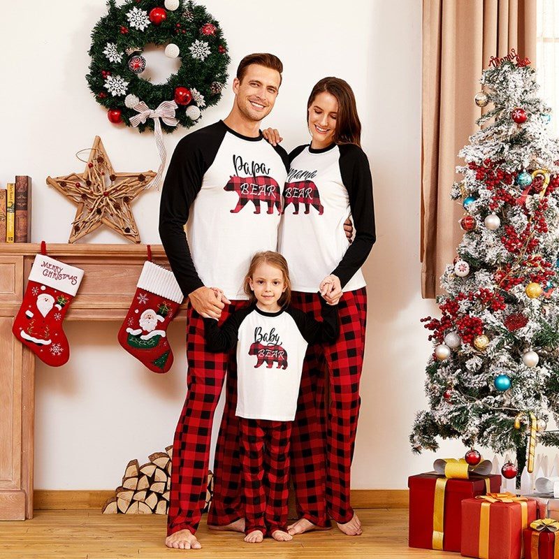 Christmas Family Matching Sleepwear Pajamas Sets White Printing Top and Red Plaid Pants 2