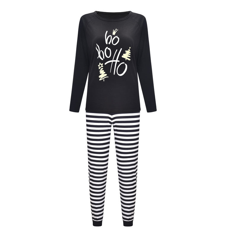 Christmas Family Matching Pajamas Sleepwear Sets Black Slogan Hohoho Top and Stripes Pants 10