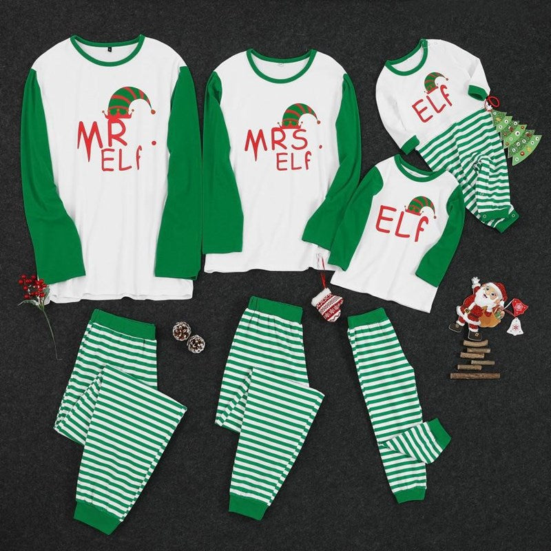 Christmas Family Matching Sleepwear Pajamas Sets ELF Christmas Hat Top and Green Stripes Pants 4
