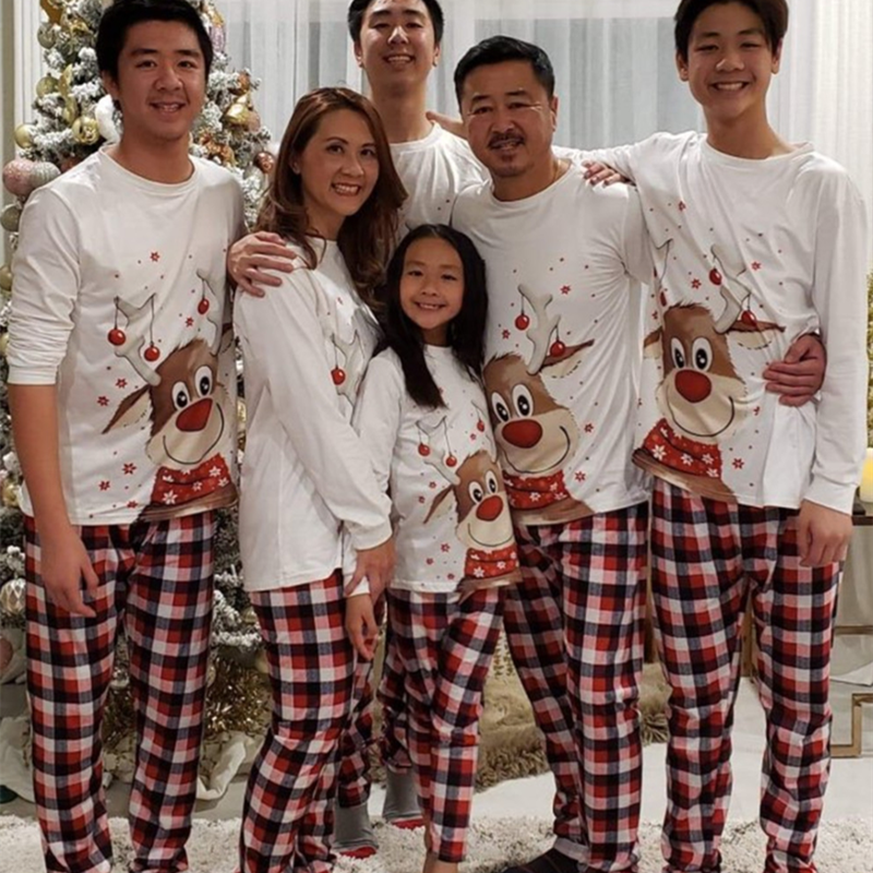 Christmas Family Matching Sleepwear Pajamas Sets White Christmas Deer Top and Red Plaids Pants