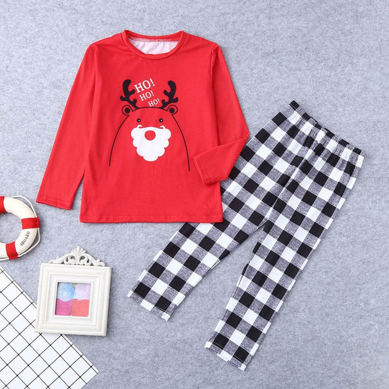 Christmas Family Matching Sleepwear Pajamas Sets Red Cartoon Hohoho Deer Top and Black White Plaid Pants 2