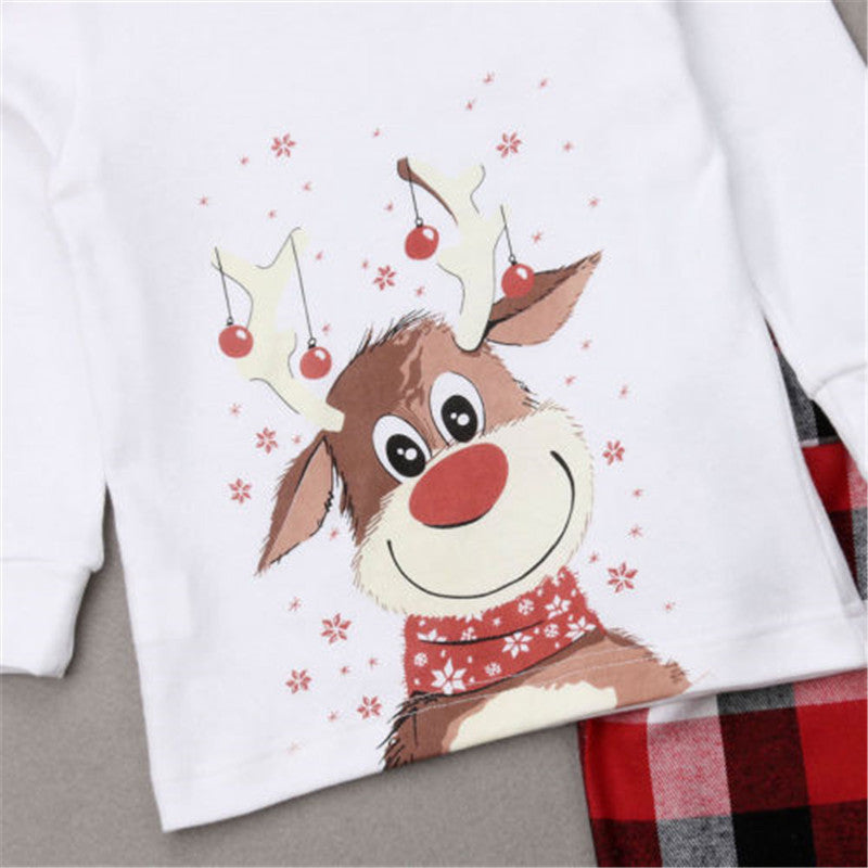 Christmas Family Matching Sleepwear Pajamas Sets White Christmas Deer Top and Red Plaids Pants