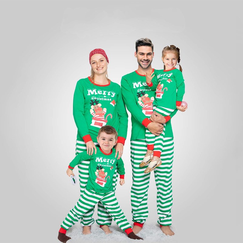 Christmas Family Matching Sleepwear Pajamas Sets Green Deer Top and Stripes Pants 2